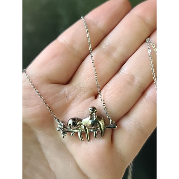 925 Sterling Silver Sloth With Baby Shaped Adjustable Pendant Necklace Vintage - Picture 1 of 10